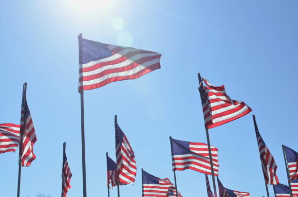 istock American flags in wind rippling on flag poles 657567006