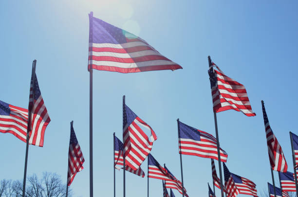 istock American flags in wind rippling on flag poles 657567402