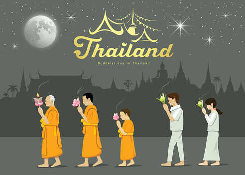 Buddhist monks and people worshipers on important Buddhist Thailand. vector illustration