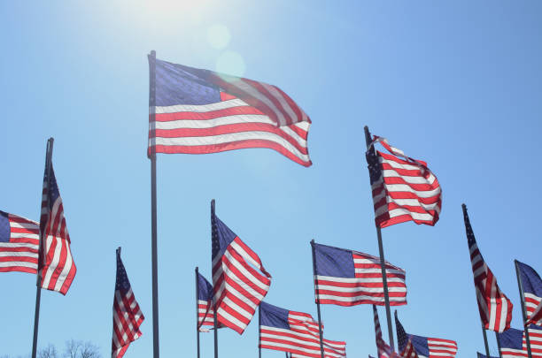 istock American flags in wind rippling on flag poles 657568222