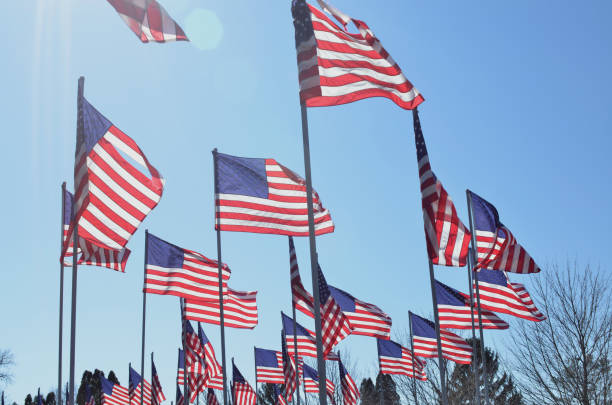 istock American flags in wind rippling on flag poles 657568462