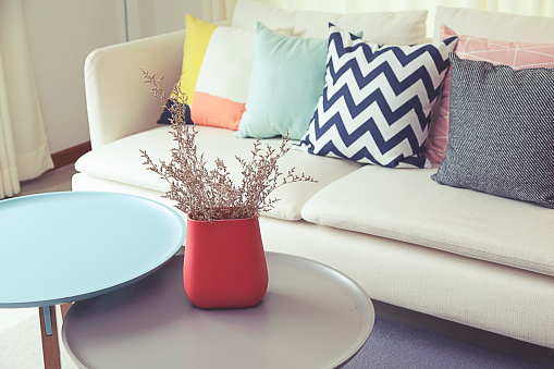 colorful living room with red vase and dried flower on table at home