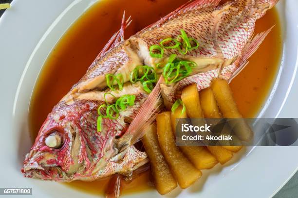 Red Snapper Cooked In Soy Sauce Stock Photo - Download Image Now - Chopped Food, Cilantro, Fish