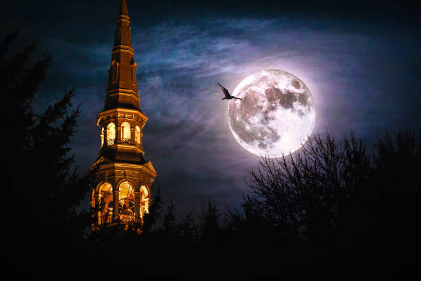 Full moon near church with flying bird over