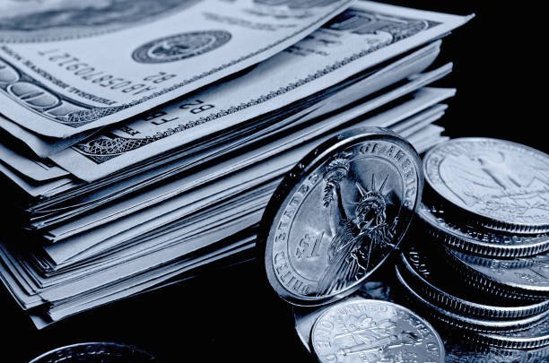 istock Cash US dollars denominations and coins in black and white. 657572336