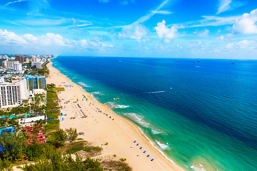 The beautiful tourist destination of Fort Lauderdale, Florida, on a warm spring morning shot from a helicopter at an altitude of about 600 feet.