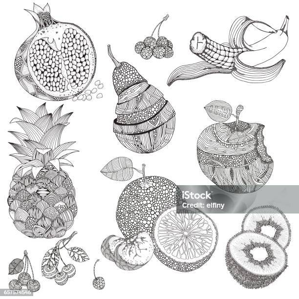 Set Of Fruits And Berries Stock Illustration - Download Image Now - Apple - Fruit, Coloring Book Page - Illlustration Technique, Food