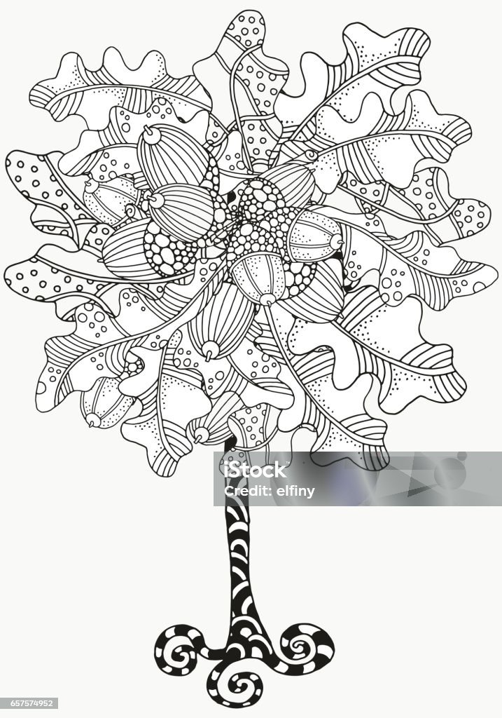 Artistic tree with hand drawn acorns and oak leaves Artistic tree with hand drawn acorns and oak leaves. Hand drawn, doodle, tribal. Ink pen. Black and white background. Abstract stock vector