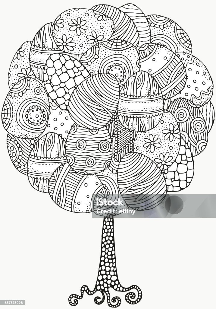 Artistic tree with Easter eggs. Artistic tree with Easter eggs. Pattern for coloring book. Hand-drawn decorative elements in vector. Easter eggs. Black and white pattern. Abstract stock vector