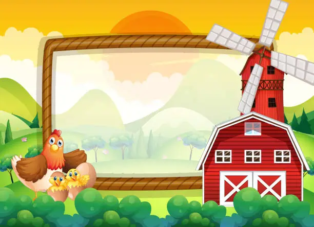 Vector illustration of Frame template with chickens in the farm