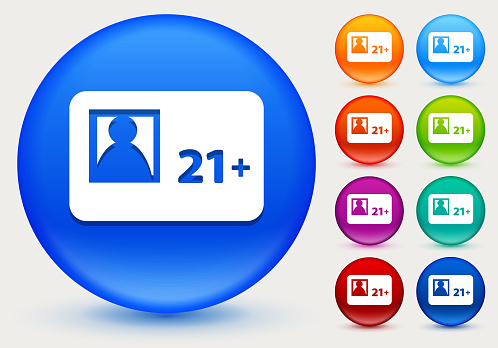 21 and Older ID Icon on Shiny Color Circle Buttons. The icon is positioned on a large blue round button. The button is shiny and has a slight glow and shadow. There are 8 alternate color smaller buttons on the right side of the image. These buttons feature the same vector icon as the large button. The colors include orange, red, purple, maroon, green, and indigo variations.