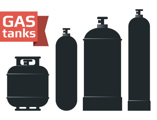 Various gas tanks sihlouette icons set. Various gas tanks sihlouette icons set. Oxygene, propane, butane, methane. Monochrome vector illustration oxygen cylinder stock illustrations