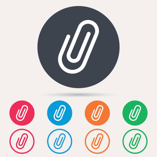 Attachment icon. Paper clip sign. Attachment icon. Paper clip symbol. Round circle buttons. Colored flat web icons. Vector paper clip stock illustrations