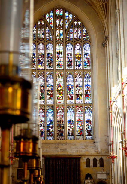 Bath Abbey Window Stained glass window inside Bath Abbey bath abbey stock pictures, royalty-free photos & images