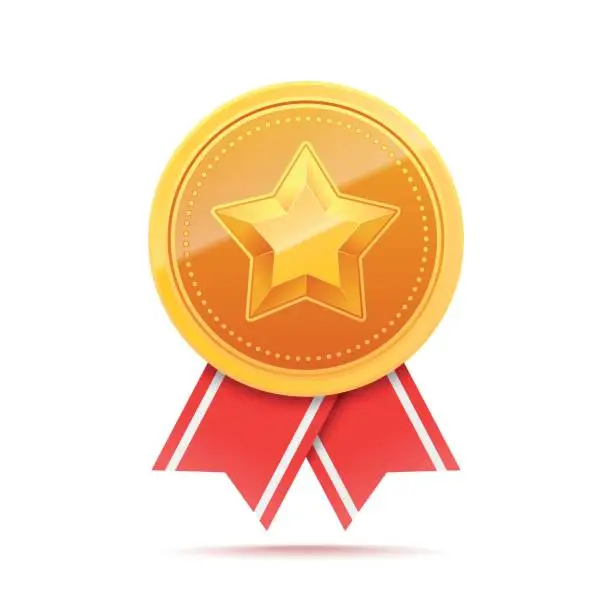 Vector illustration of 3D Gold medal with star and red ribbon.