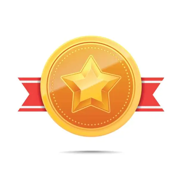 Vector illustration of 3D Gold medal and red ribbon.