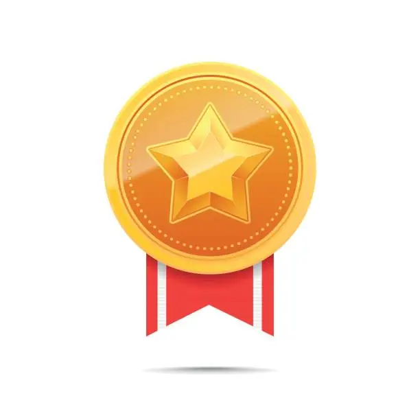 Vector illustration of 3D Gold medal and red ribbon.