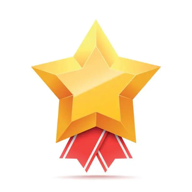 Vector illustration of 3D Gold star medal and red ribbon.