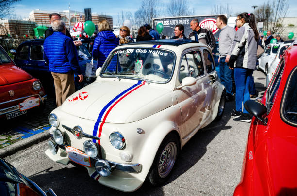 Fiat 500 classic car rally ALBA, ITALY - MARCH 19, 2017 - Old Fiat 500 Abarth during a classic car rally in Alba (Piedmont, Italy), on march 19, 2017 1950s racing car stock pictures, royalty-free photos & images