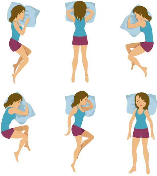 Vector illustration of Women sleeping positions vector illustration. Woman sleep poses in bed