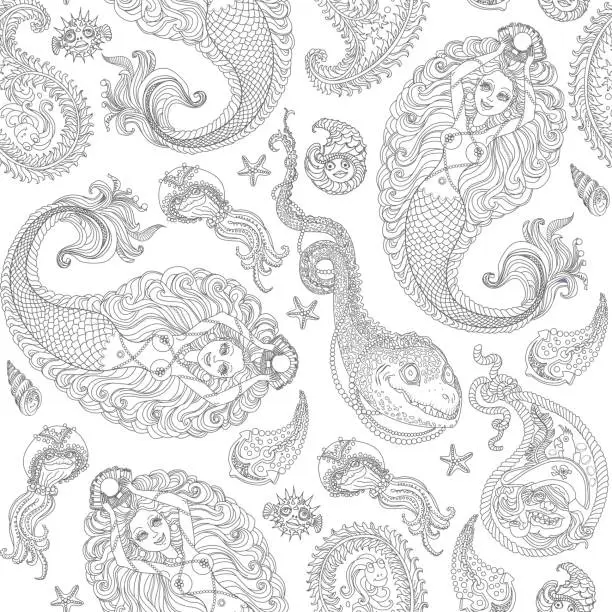 Vector illustration of VecVector seamless nautical paisletor seamless nautical paisley ornament  from silver grey mermaid silhouette, pearl, fish, anchor, sea shell, morey, pirate with parrot on the hat, on a white wavy background . Black line artwork. Adults Coloring book page