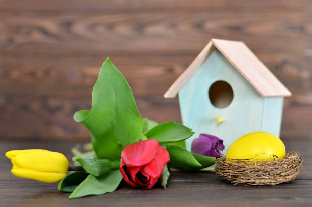 istock Happy Easter: Easter egg in the nest, birdhouse and  tulips 657656970