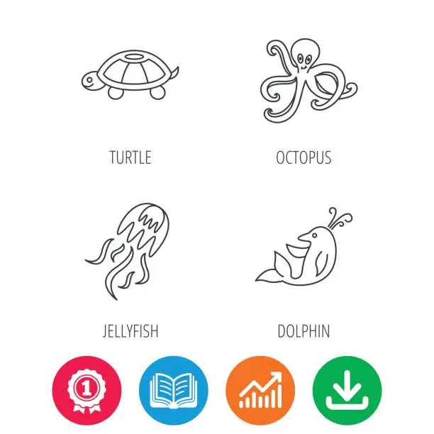 Vector illustration of Octopus, turtle and dolphin icons. Jellyfish.