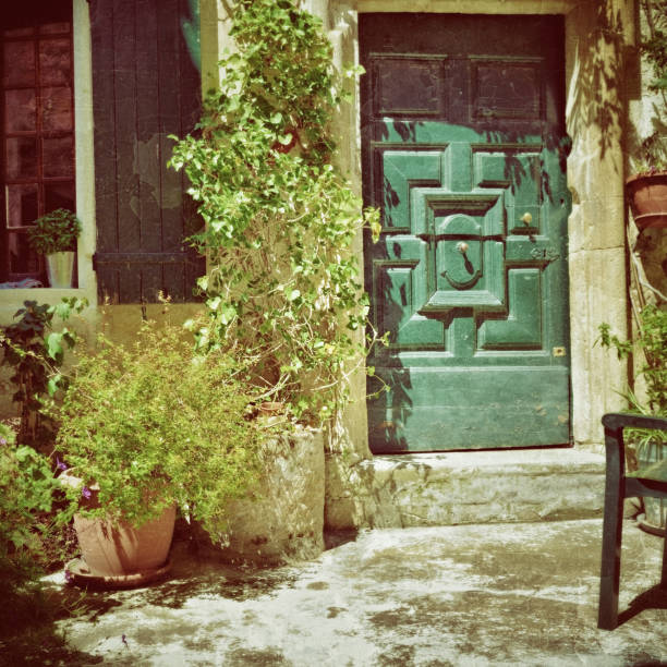 France, Provence. Vaison la Romaine. Typical medieval houses decorated with green plant and flowers in pots. Filtered image, vintage effect applied