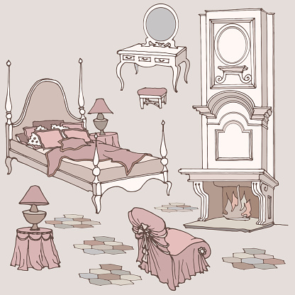 Sketch of furniture for classic old bedroom with fireplace, dressing table, mirror, armchair