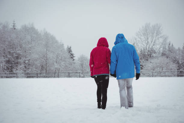 Rear view of couple walking in snowy landscape