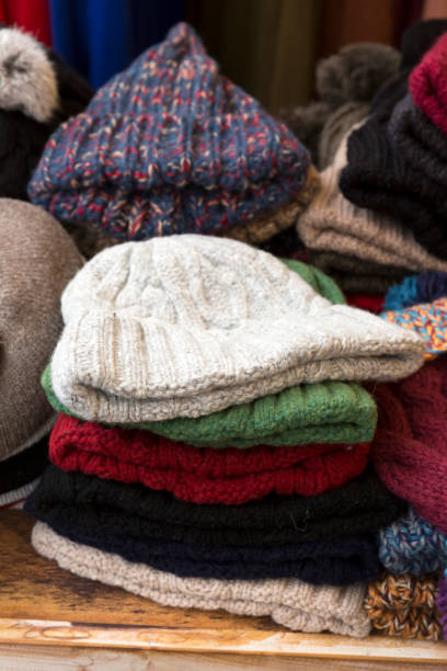 istock Kniting wool hat stack in local market,South Korea 657685044