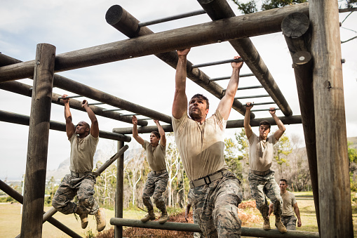 Soldiers climbing monkey bars in boot camp