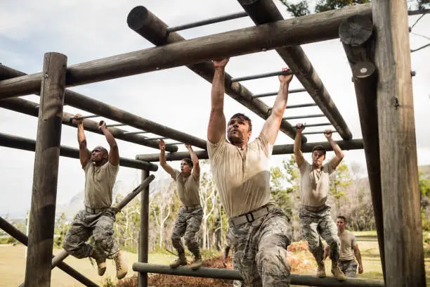 Photo of Soldiers climbing monkey bars