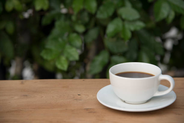 istock cup on wood table with green nature background 657711246
