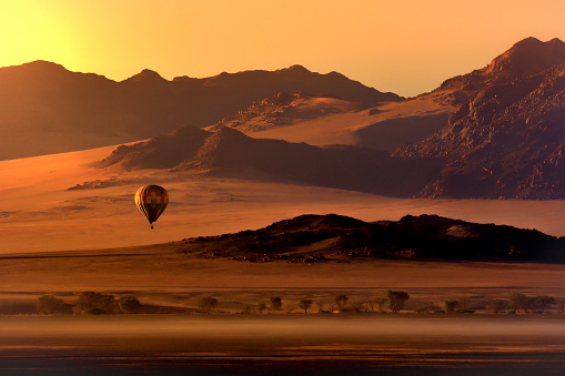 A hot air balloon is preparing for a flight near Goreme, Cappadocia, Turkey