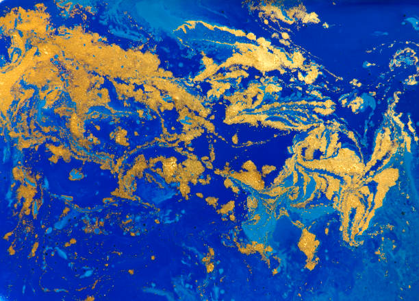 istock Blue and golden liquid texture, watercolor hand drawn marbling illustration, abstract background 657724230