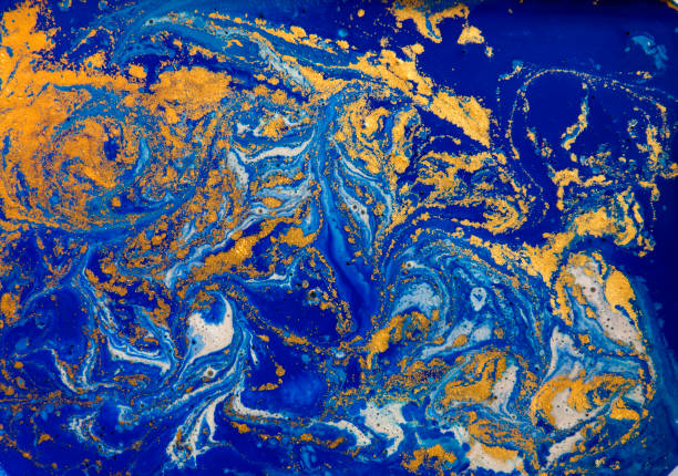 istock Blue and golden liquid texture, watercolor hand drawn marbling illustration, abstract background 657724284