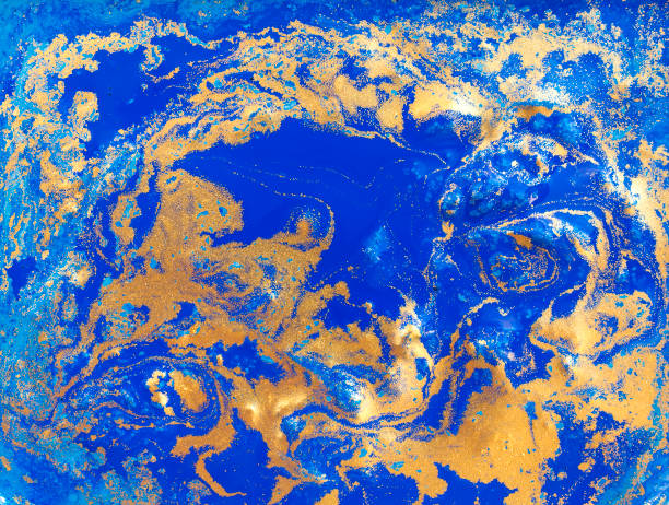 istock Blue and golden liquid texture, watercolor hand drawn marbling illustration, abstract background 657729536