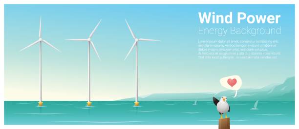 Energy concept background with wind turbine , vector , illustration Energy concept background with wind turbine , vector , illustration wind farm sea stock illustrations