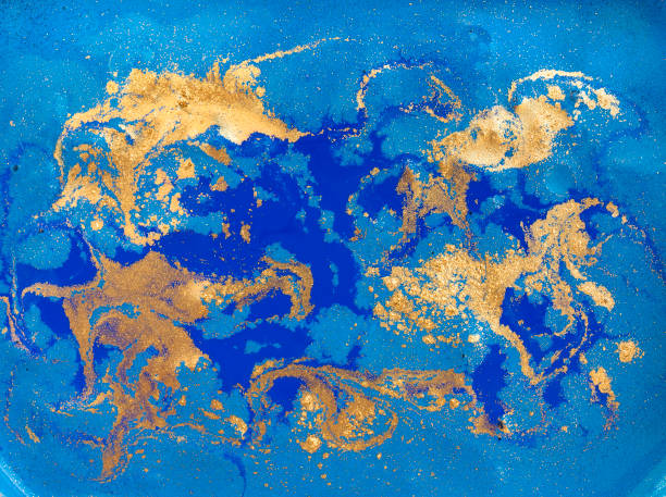 istock Blue and golden liquid texture, watercolor hand drawn marbling illustration, abstract background 657730438