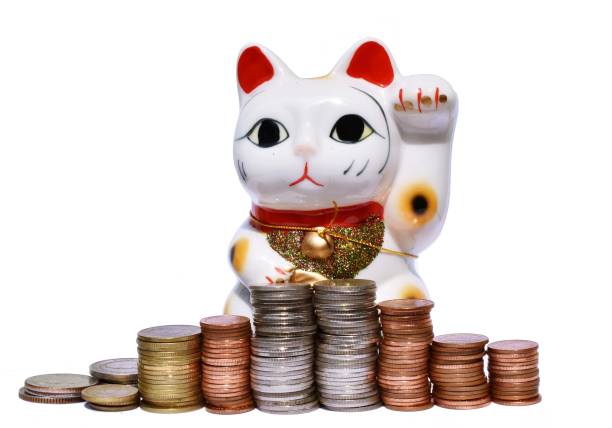 istock Fortune or lucky cat ceramic doll with coin on white background,Maneki neko 657737100