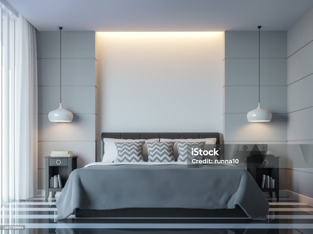 Moderne weiße Schlafzimmer Minimalstil 3D-Rendering Bild - Lizenzfrei Schlafzimmer Stock-Foto