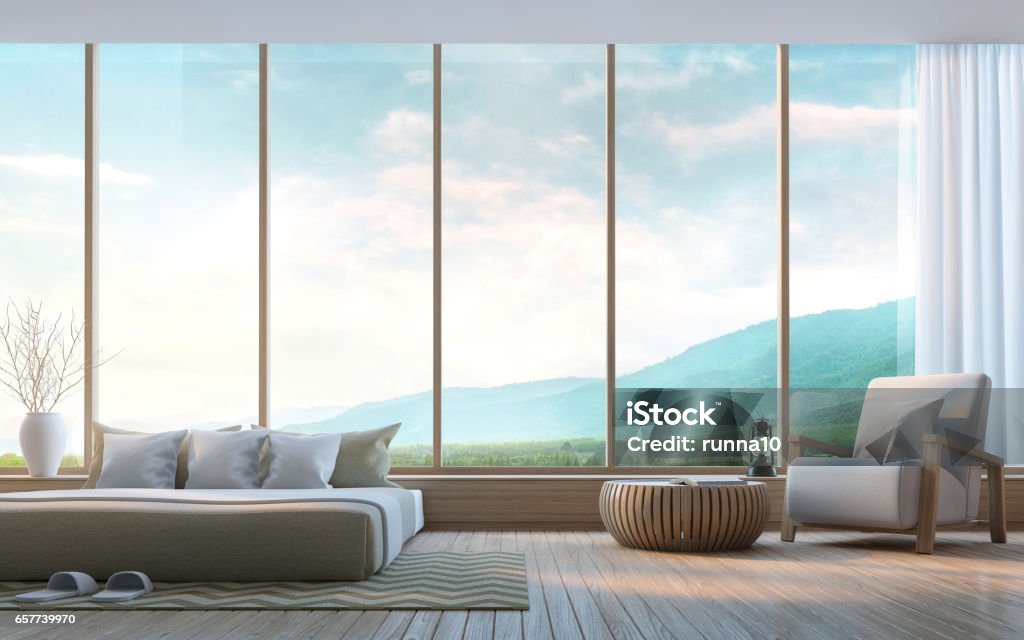 Modern bedroom with mountain view 3d rendering Image Modern bedroom with mountain view 3d rendering Image.Decorate wall with nature stone. There are large window overlooking the surrounding nature and mountains Bay Window Stock Photo