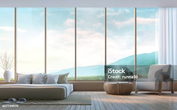 Modern Bedroom With Mountain View 3d Rendering Image Stock Photo - Download Image Now