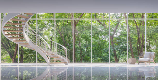 Spiral stair in the glass house 3D rendering image Spiral stair in the glass house 3D rendering image.Surrounded by nature. Large windows Looking to experience nature up close. bay window stock pictures, royalty-free photos & images