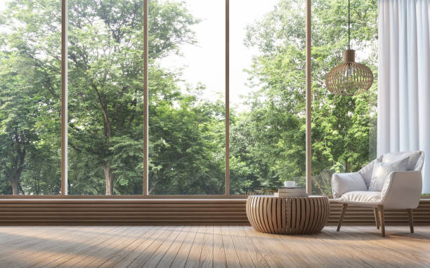 modernes wohnzimmer mit natur blick 3d-rendering bild - fenster stock-fotos und bilder