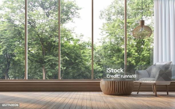 Modernes Wohnzimmer Mit Natur Blick 3drendering Bild Stockfoto und mehr Bilder von Fenster