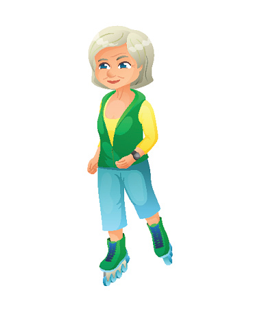 vector illustration of an old active lady with smart watch, who is dressed in a sport wear. She is rollerblading