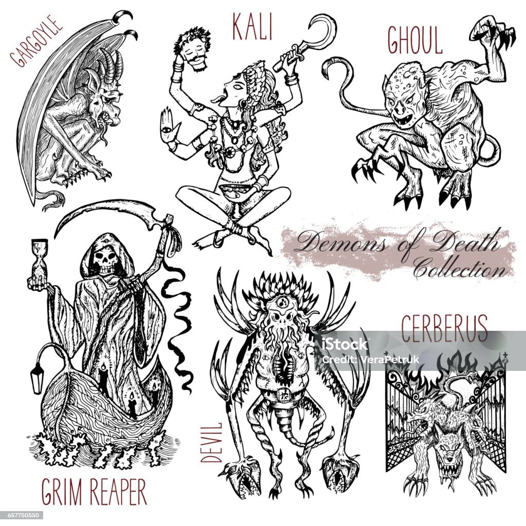 Hand drawn set with demons of death concept Graphic vector illustration. Engraved line art drawings of grim reaper, Kali goddess, cerberus and other monsters Grim Reaper stock vector