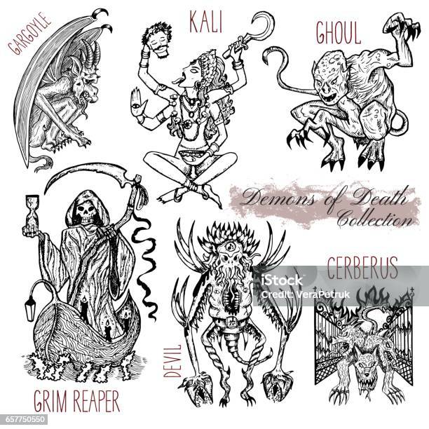 Hand Drawn Set With Demons Of Death Concept Stock Illustration - Download Image Now - Grim Reaper, Devil, Demon - Fictional Character